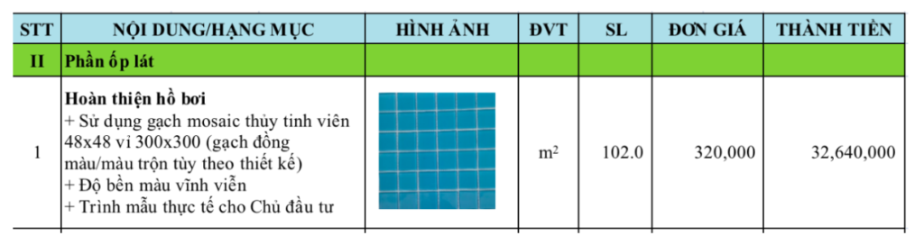 Bảng báo giá thi công hoàn thiện hồ bơi bằng gạch Mosaic tại Phúc Hải Group